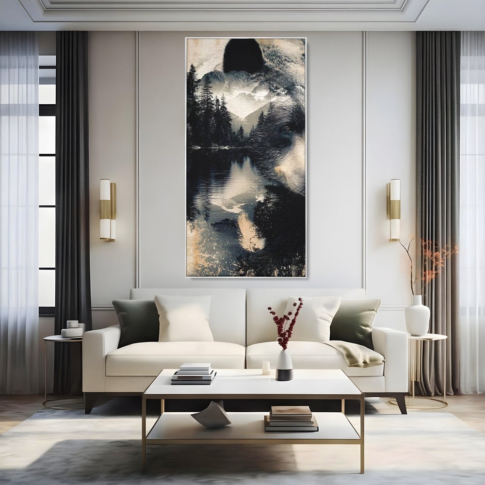 Tablou canvas cu tablou canvas cu urs si peisaj montan, in rama de aluminiu argintiu, pe perete intr-un living